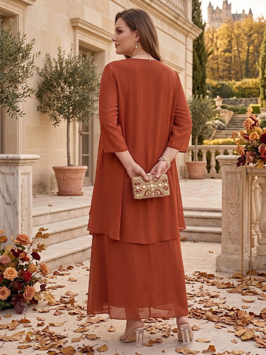 A-Line/Princess Scoop 3/4 Sleeves 2 Pieces Chiffon Plus Size Mother of the Bride Dress with Ruffles & Jacket
