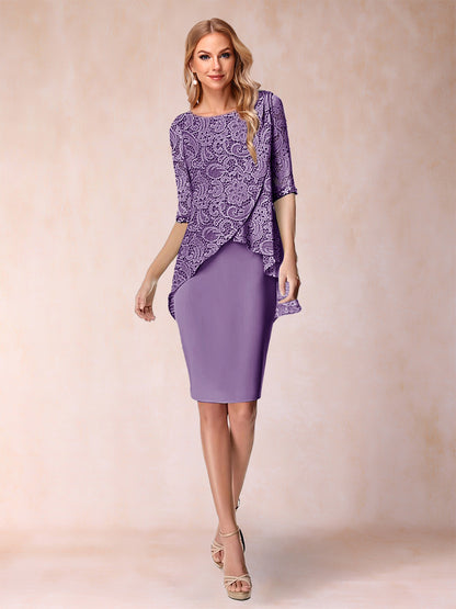 Sheath/Column Scoop Half Sleeves 2 Pieces Mother of the Bride Dress with Applique