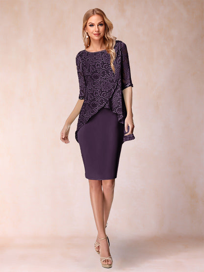 Sheath/Column Scoop Half Sleeves 2 Pieces Mother of the Bride Dress with Applique