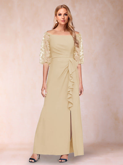 Sheath/Column Off-the-Shoulder Half Sleeves Mother of the Bride Dresses with Applique