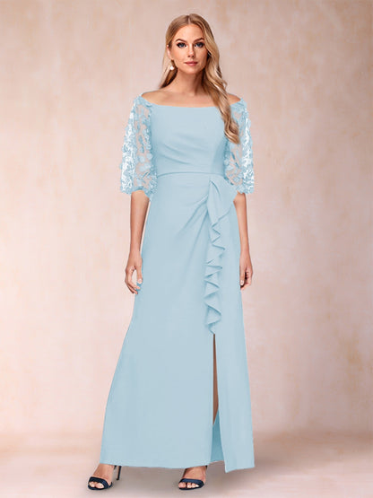 Sheath/Column Off-the-Shoulder Half Sleeves Mother of the Bride Dresses with Applique