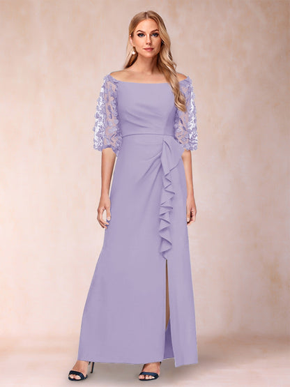 Sheath/Column Off-the-Shoulder Half Sleeves Mother of the Bride Dresses with Applique