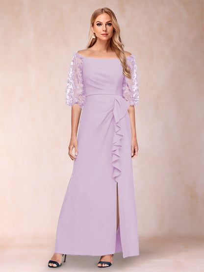 Sheath/Column Off-the-Shoulder Half Sleeves Mother of the Bride Dresses with Applique