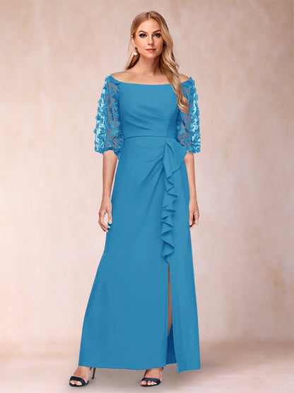Sheath/Column Off-the-Shoulder Half Sleeves Mother of the Bride Dresses with Applique