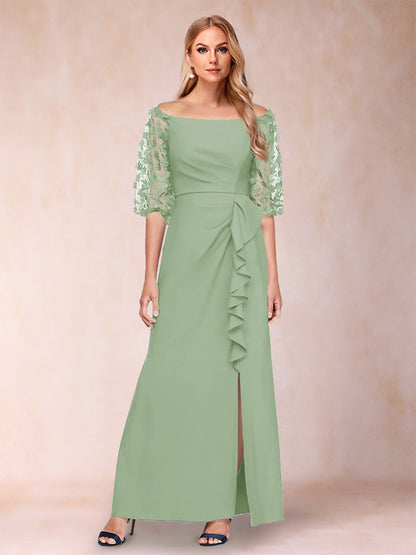 Sheath/Column Off-the-Shoulder Half Sleeves Mother of the Bride Dresses with Applique