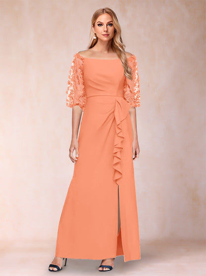 Sheath/Column Off-the-Shoulder Half Sleeves Mother of the Bride Dresses with Applique