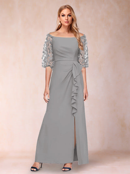 Sheath/Column Off-the-Shoulder Half Sleeves Mother of the Bride Dresses with Applique