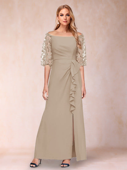 Sheath/Column Off-the-Shoulder Half Sleeves Mother of the Bride Dresses with Applique