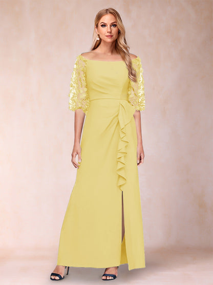 Sheath/Column Off-the-Shoulder Half Sleeves Mother of the Bride Dresses with Applique