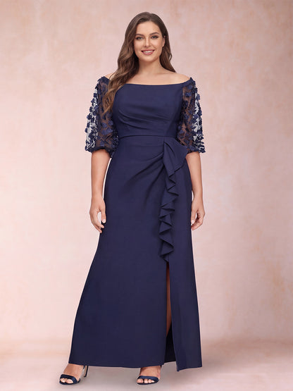 Sheath/Column Off-the-Shoulder Half Sleeves Plus Size Mother of the Bride Dresses with Applique