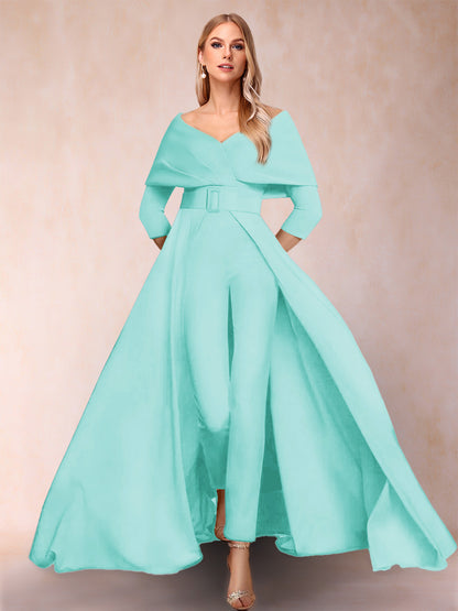 A-Line/Princess V-Neck 3/4 Sleeves Jumpsuits with Belt