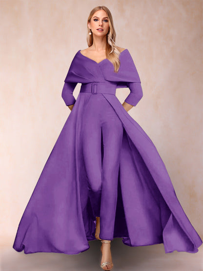A-Line/Princess V-Neck 3/4 Sleeves Jumpsuits with Belt