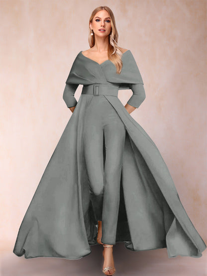 A-Line/Princess V-Neck 3/4 Sleeves Jumpsuits with Belt