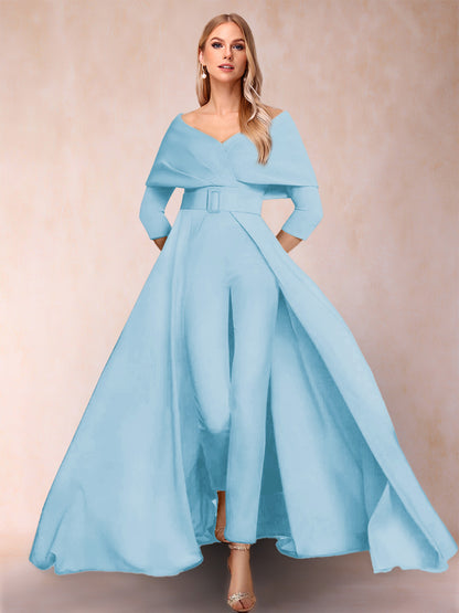 A-Line/Princess V-Neck 3/4 Sleeves Jumpsuits with Belt
