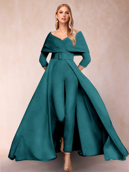 A-Line/Princess V-Neck 3/4 Sleeves Jumpsuits with Belt