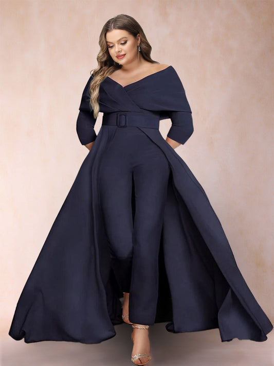 A-Line/Princess V-Neck 3/4 Sleeves Plus Size Jumpsuits with Belt