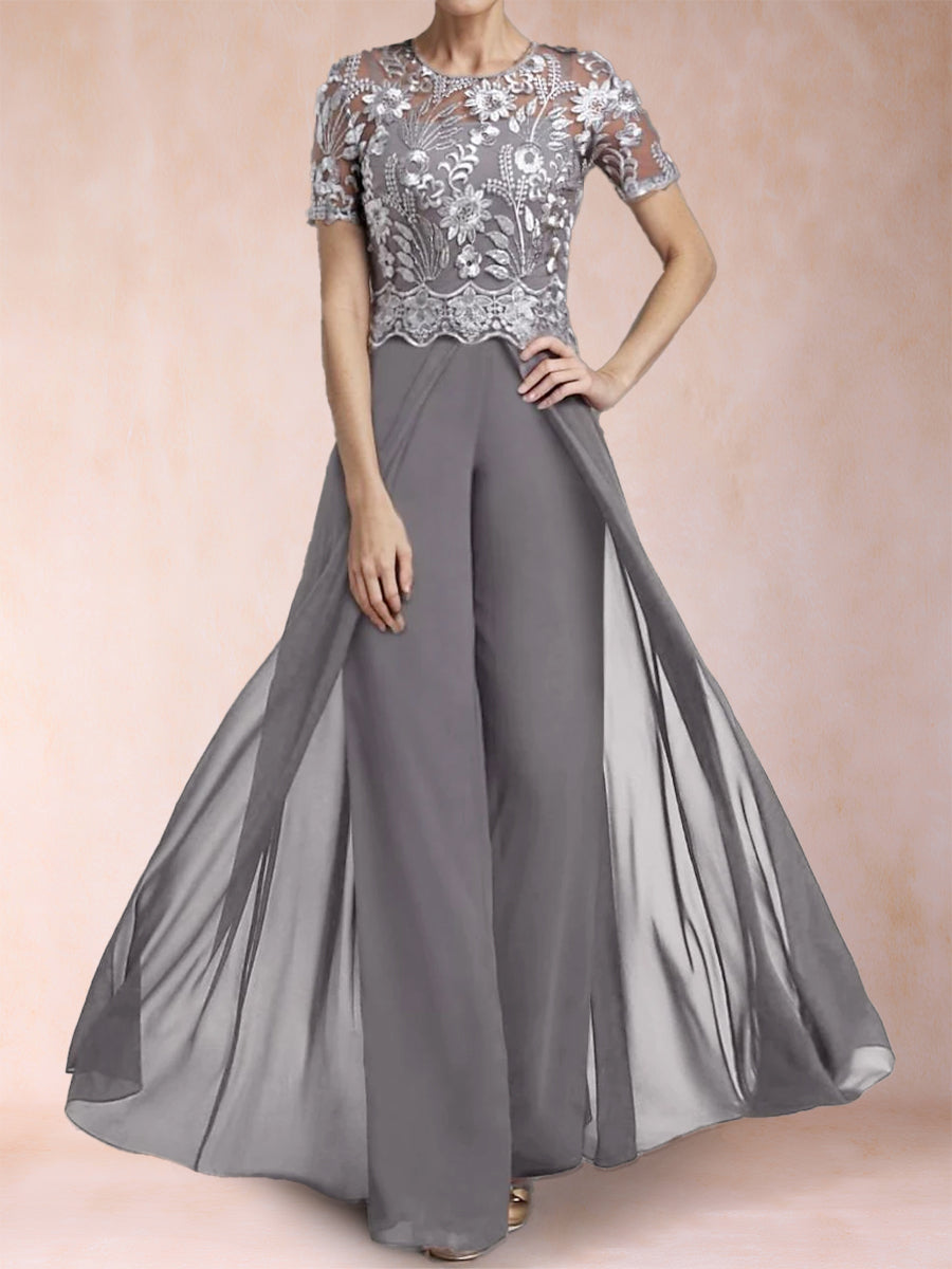 A-Line/Princess Scoop Short Sleeves Jumpsuit with Applique