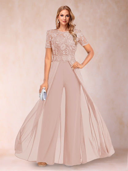 A-Line/Princess Scoop Short Sleeves Jumpsuit with Applique