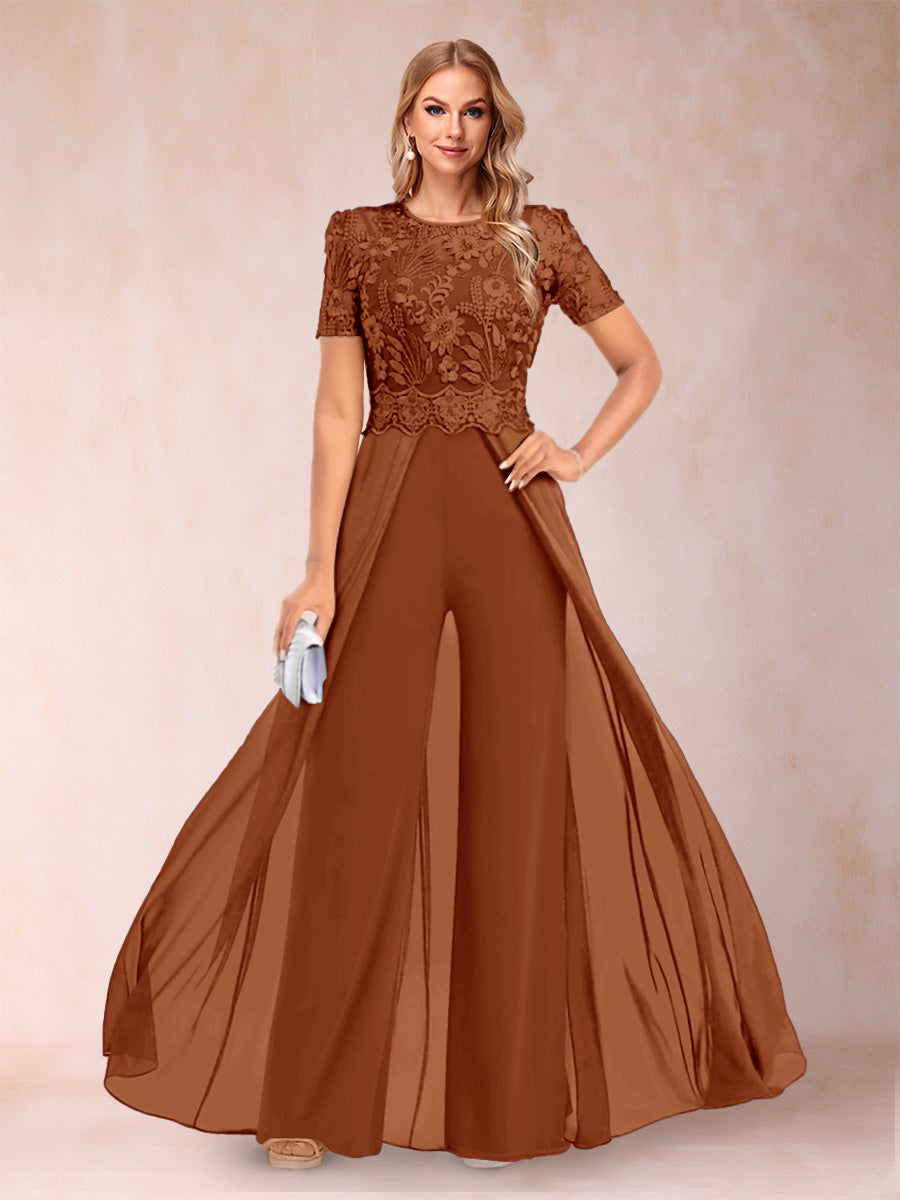 A-Line/Princess Scoop Short Sleeves Jumpsuit with Applique