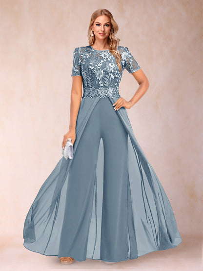 A-Line/Princess Scoop Short Sleeves Jumpsuit with Applique