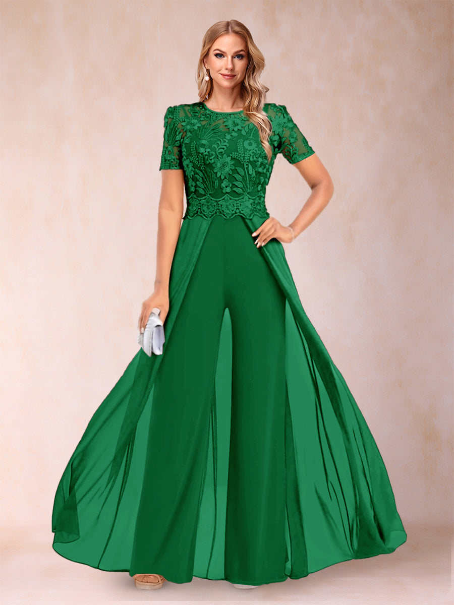 A-Line/Princess Scoop Short Sleeves Jumpsuit with Applique