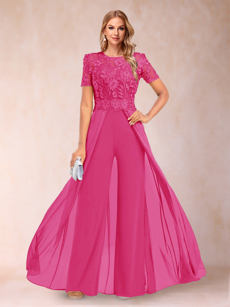 A-Line/Princess Scoop Short Sleeves Jumpsuit with Applique