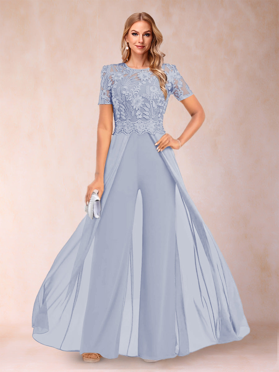 A-Line/Princess Scoop Short Sleeves Jumpsuit with Applique