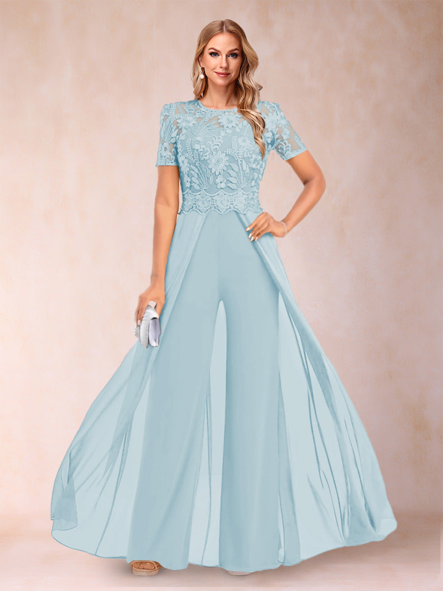 A-Line/Princess Scoop Short Sleeves Jumpsuit with Applique