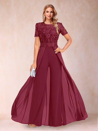 A-Line/Princess Scoop Short Sleeves Jumpsuit with Applique