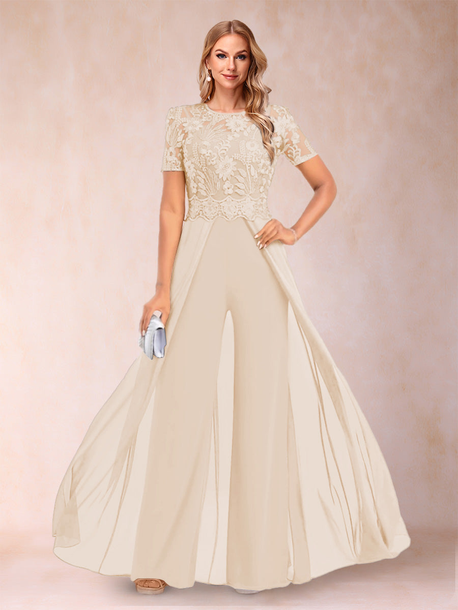 A-Line/Princess Scoop Short Sleeves Jumpsuit with Applique