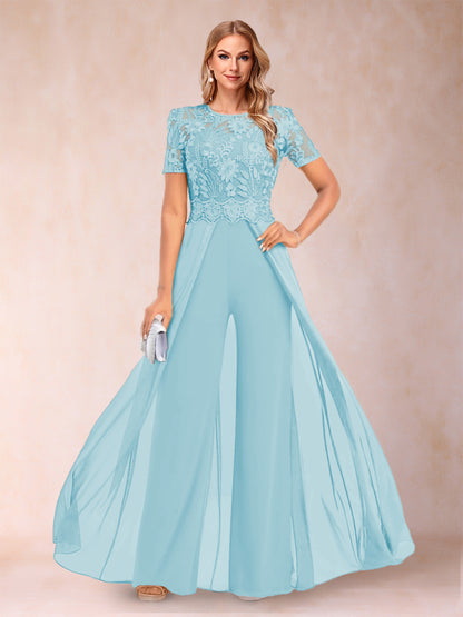 A-Line/Princess Scoop Short Sleeves Jumpsuit with Applique