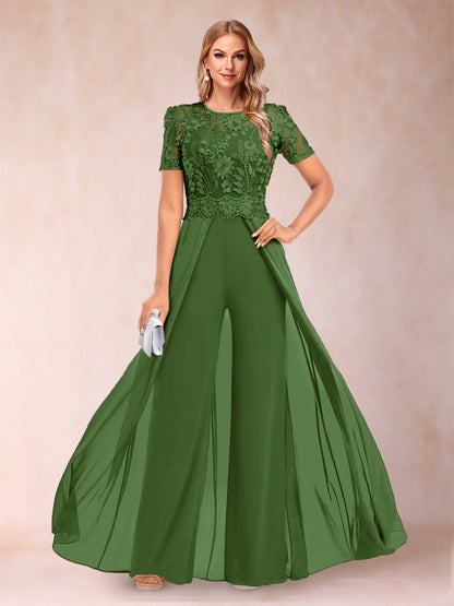 A-Line/Princess Scoop Short Sleeves Jumpsuit with Applique