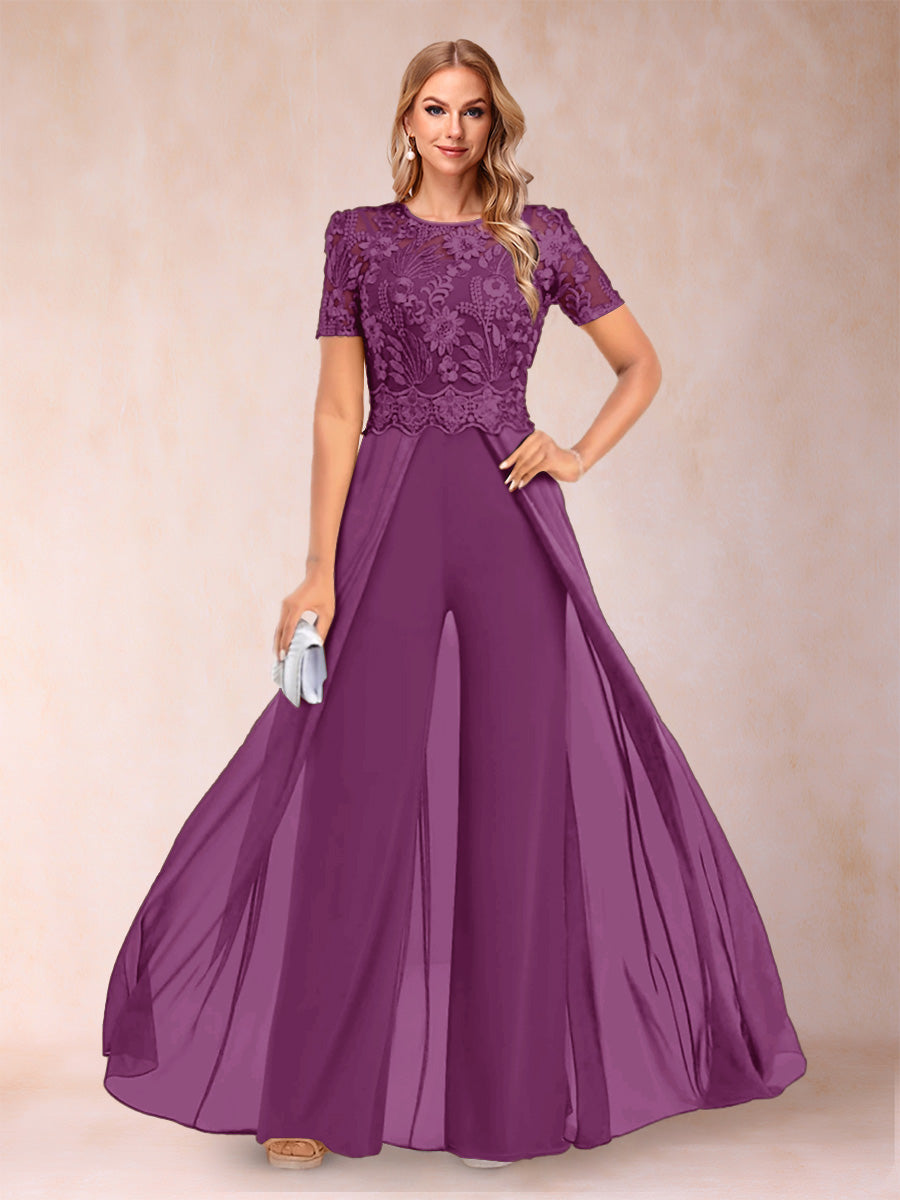 A-Line/Princess Scoop Short Sleeves Jumpsuit with Applique