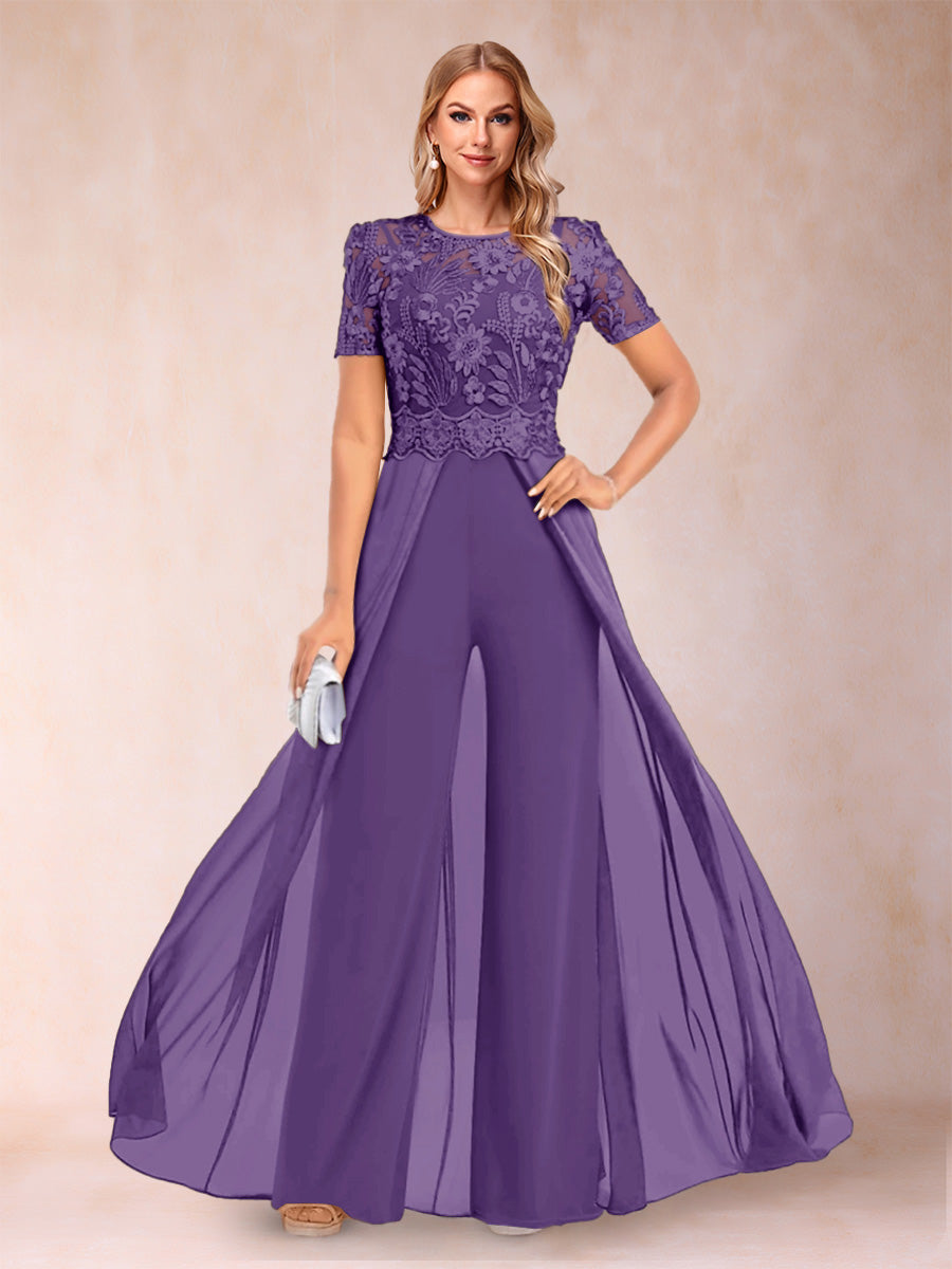 A-Line/Princess Scoop Short Sleeves Jumpsuit with Applique