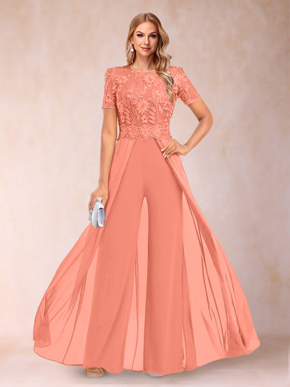 A-Line/Princess Scoop Short Sleeves Jumpsuit with Applique