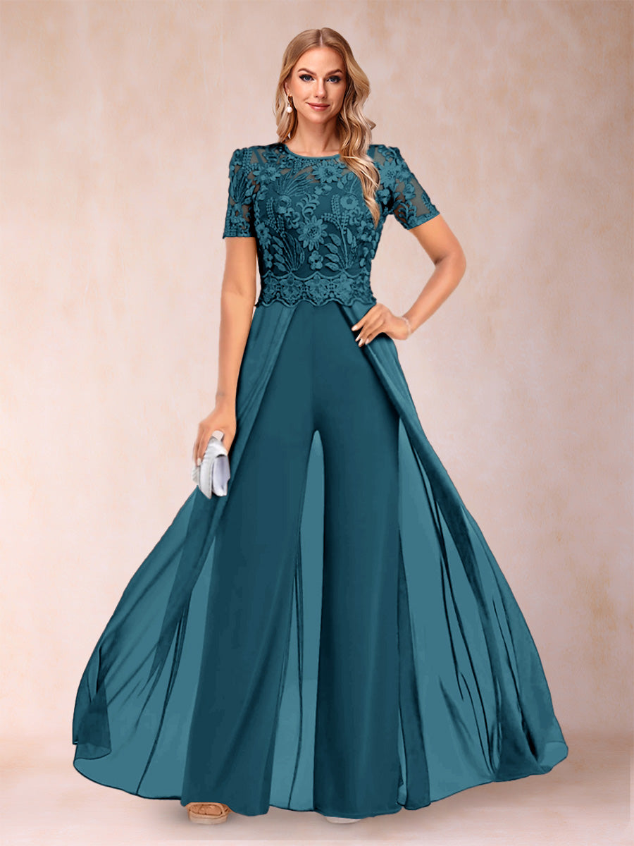 A-Line/Princess Scoop Short Sleeves Jumpsuit with Applique