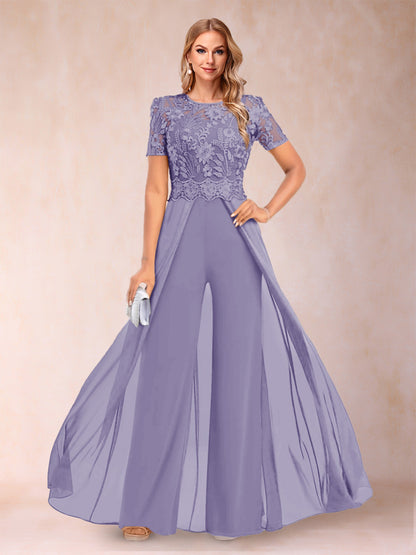 A-Line/Princess Scoop Short Sleeves Jumpsuit with Applique