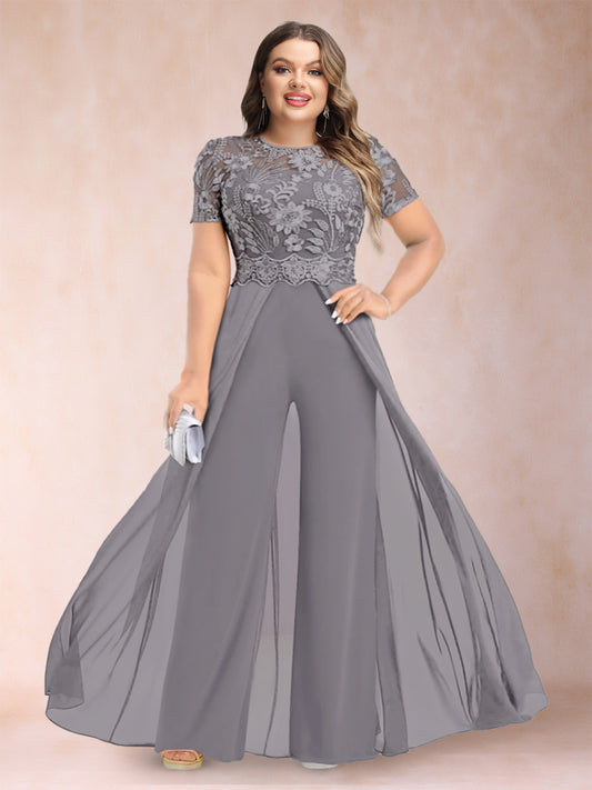 A-Line/Princess Scoop Short Sleeves Plus Size Mother of the Bride Jumpsuit with Applique