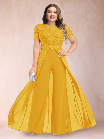 A-Line/Princess Scoop Short Sleeves Plus Size Mother of the Bride Jumpsuit with Applique
