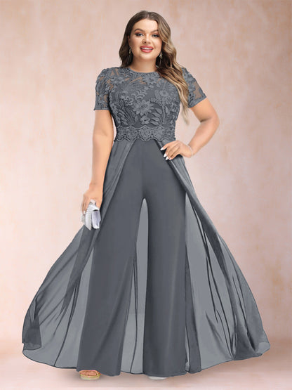 A-Line/Princess Scoop Short Sleeves Plus Size Mother of the Bride Jumpsuit with Applique