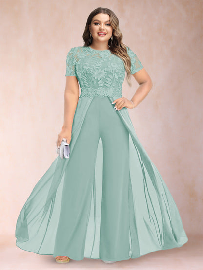 A-Line/Princess Scoop Short Sleeves Plus Size Mother of the Bride Jumpsuit with Applique