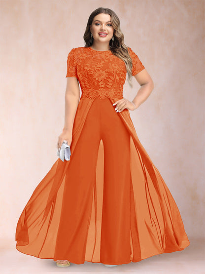 A-Line/Princess Scoop Short Sleeves Plus Size Mother of the Bride Jumpsuit with Applique