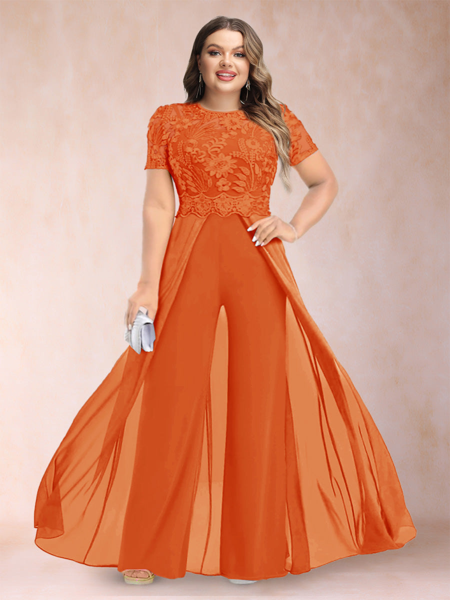 A-Line/Princess Scoop Short Sleeves Plus Size Mother of the Bride Jumpsuit with Applique