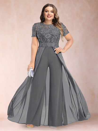 A-Line/Princess Scoop Short Sleeves Plus Size Mother of the Bride Jumpsuit with Applique