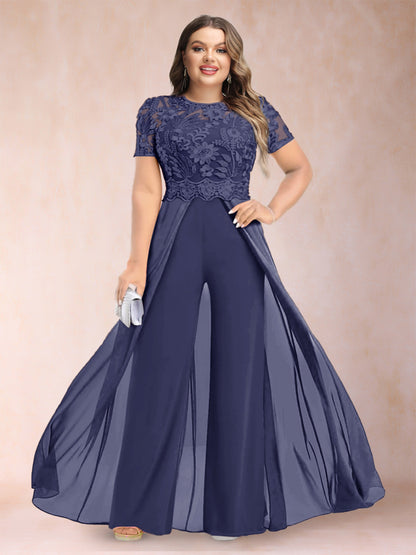 A-Line/Princess Scoop Short Sleeves Plus Size Mother of the Bride Jumpsuit with Applique