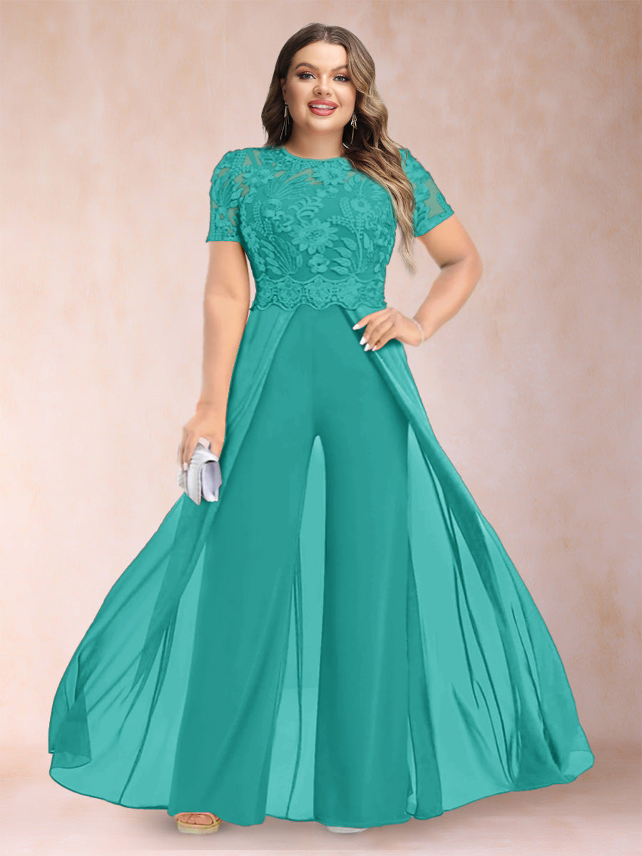 A-Line/Princess Scoop Short Sleeves Plus Size Mother of the Bride Jumpsuit with Applique
