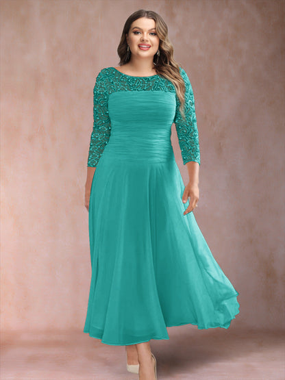 A-Line/Princess Scoop 3/4 Sleeves Plus Size Mother of the Bride Dresses with Applique