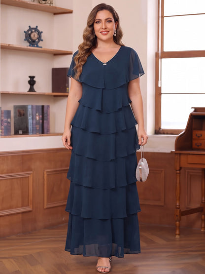 Sheath/Column V-Neck Short Sleeves Chiffon Ankle-Length Plus Size Mother of the Bride Dresses with Tiered&Ruffles
