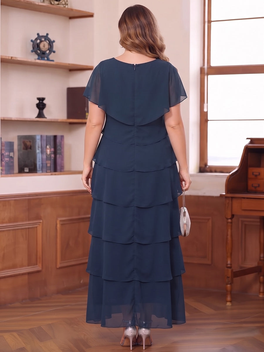 Sheath/Column V-Neck Short Sleeves Chiffon Ankle-Length Plus Size Mother of the Bride Dresses with Tiered&Ruffles
