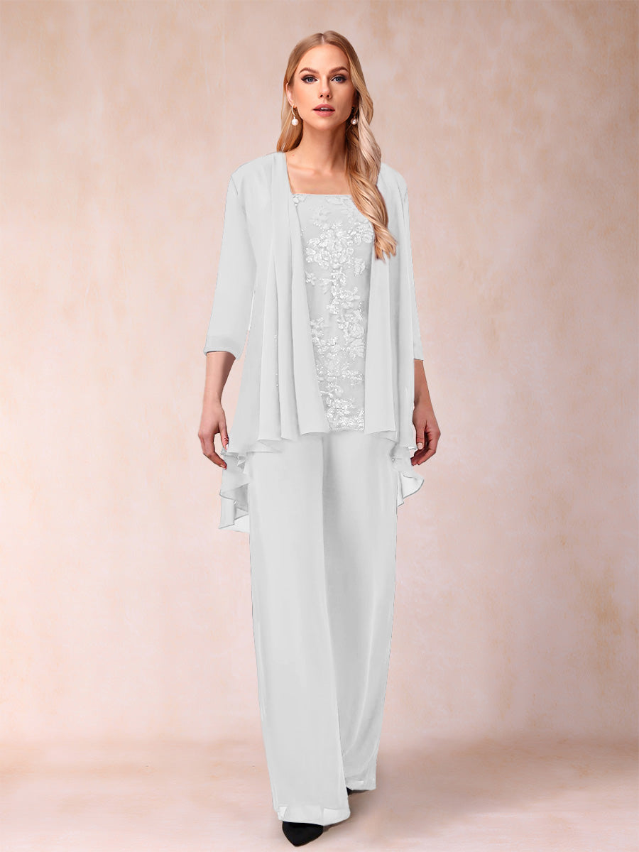 Chiffon Scoop 3/4 Sleeves 3 Pieces Pantsuits with Applique & Jacket